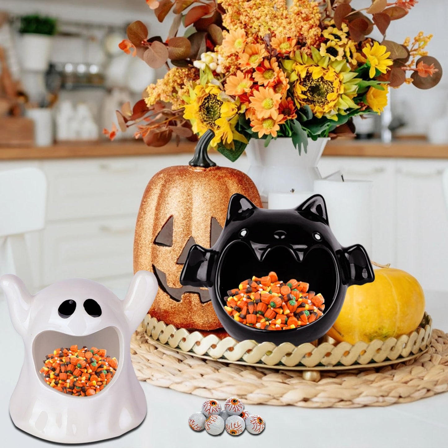 DIYDEC 2pcs Halloween Candy Bowls, Halloween Candy Dish Candle Holder Bat Ghost Ceramic Dish for Tiered Tray Ornament Tableware Party Decor