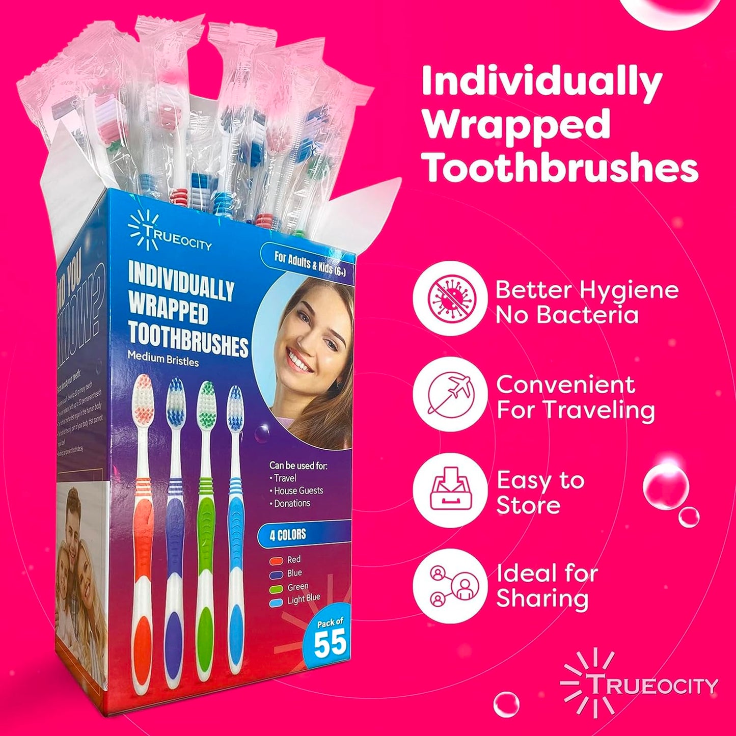 Toothbrushes Bulk Individually Wrapped – 55 Pack Medium Bristle, Multi-Colored Toothbrushes for Adults and Kids, Travel & Hospitality Multi-Pack