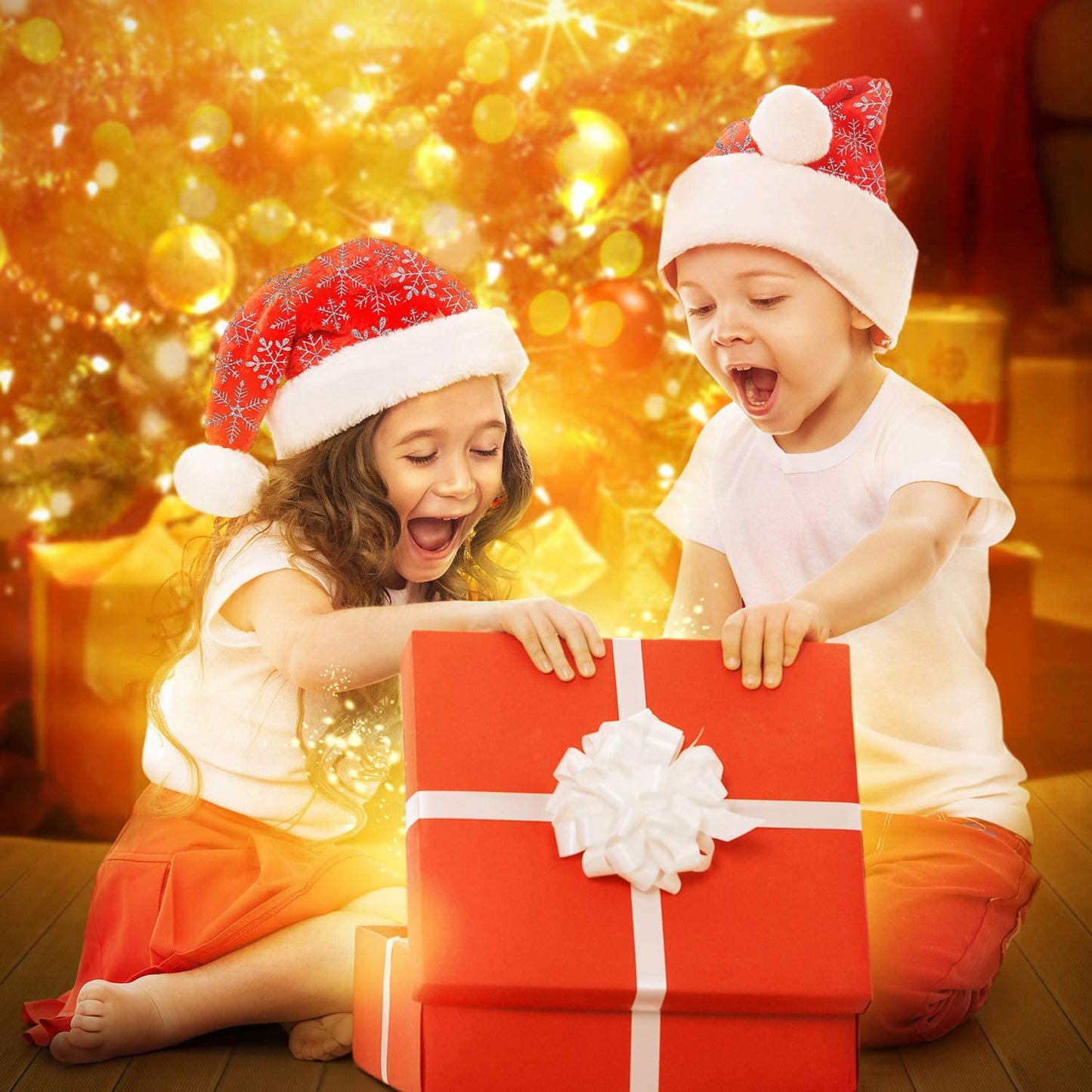 LessMo 4 Pcak Christmas Santa Hat, Santa Hat Adults Christmas Hats, Reusable Double Liner Plush with Snowflake Pattern, for Children Kids Christmas New Year Festive Holiday Party Supplies