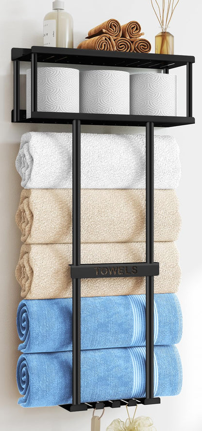 STWWO Bathroom Towel Storage Rack, Metal Towel Racks Wall Mounted Can Holds 5 Large Towels, 30.5IN Bathroom Towel Holder with Shelf & Storage Basket, Towel Organizer with 3 Hooks for RV, Apt, Black