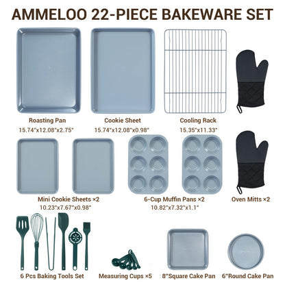 Ammeloo 22-Piece Baking Pans Set Stackable Bakeware Non Stick Baking Set Non Toxic Oven Pans, Including Roasting Pan, Cookie Sheets, Muffin Pans, Cake Pans, Oven Mitt and Utensils(Gray & Hunter Green)
