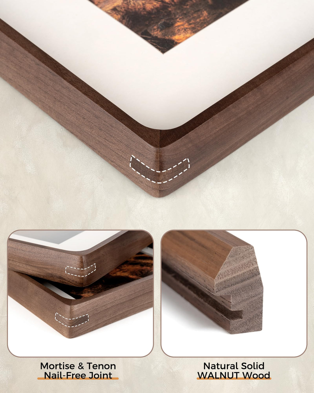 RICHFOCUS 11x14 Picture Frame USA-Sourced Natural Walnut Solid Wood Photo Frame Handcrafted Rounded Corner Wooden Frame with Real Glass Display Photos 8x10 with Mat or 11x14 Without Mat