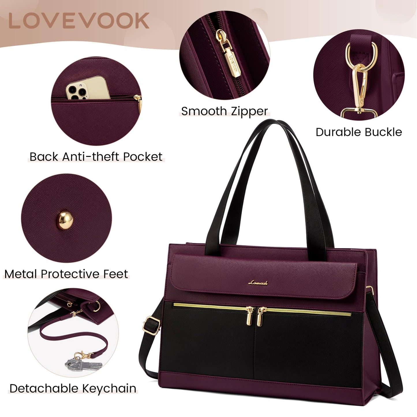LOVEVOOK Laptop Bags for Women 17.3 Inch Ladies Work Bags Large Tote Bag with Laptop Compartment Designer Handbag Stylish PU Leather Briefcase for School Shoulder Bag for Office Business, Purple