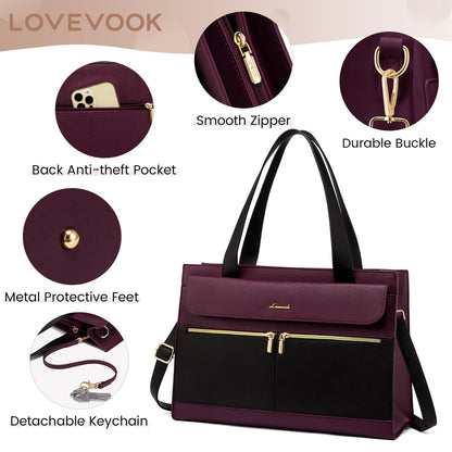 LOVEVOOK Laptop Bags for Women 17.3 Inch Ladies Work Bags Large Tote Bag with Laptop Compartment Designer Handbag Stylish PU Leather Briefcase for School Shoulder Bag for Office Business, Purple