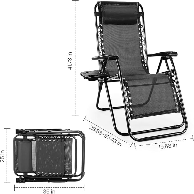 Sweetcrispy Zero Gravity Chairs, Set of 4 Portable Recliner Beach Camping Patio Outdoor Folding Lounge Chair with Cup Holder Trays and Adjustable Pillow for Poolside, Garden, Backyard, Lawn (Black)