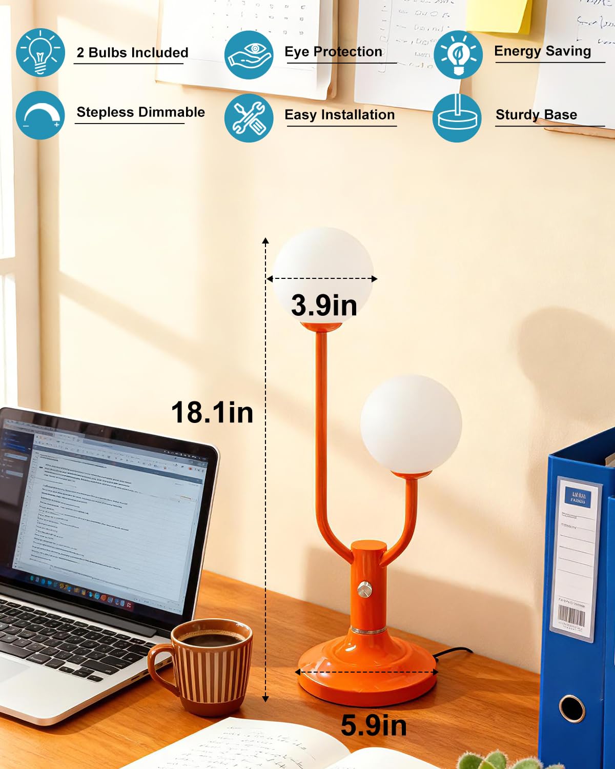 Lightdot Globe Table Lamp for Bedroom Mid Century Modern Orange Small Desk Lamp Dimmable 3000K Warmwhite Nightstands Bedside Lamp for Living Room Home Office(G9 Bulbs Included)