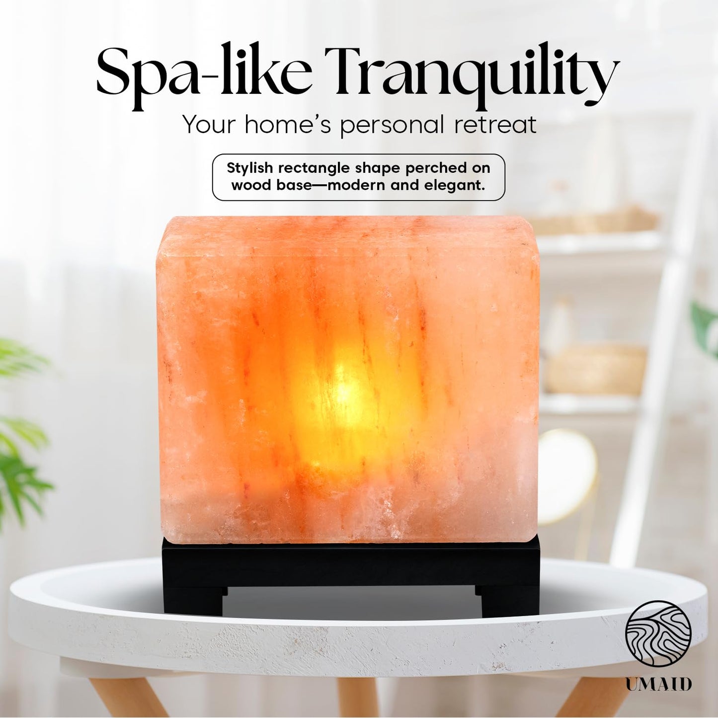 UMAID Himalayan Salt Lamp Rectangle, Natural Pink Rock Salt Lamp on Modern Wood Base with Night Light Bulb and Dimmable Cord, Spa Decor, Salt Massage Stones Ambiance, Meditation Accessories Decor Gift