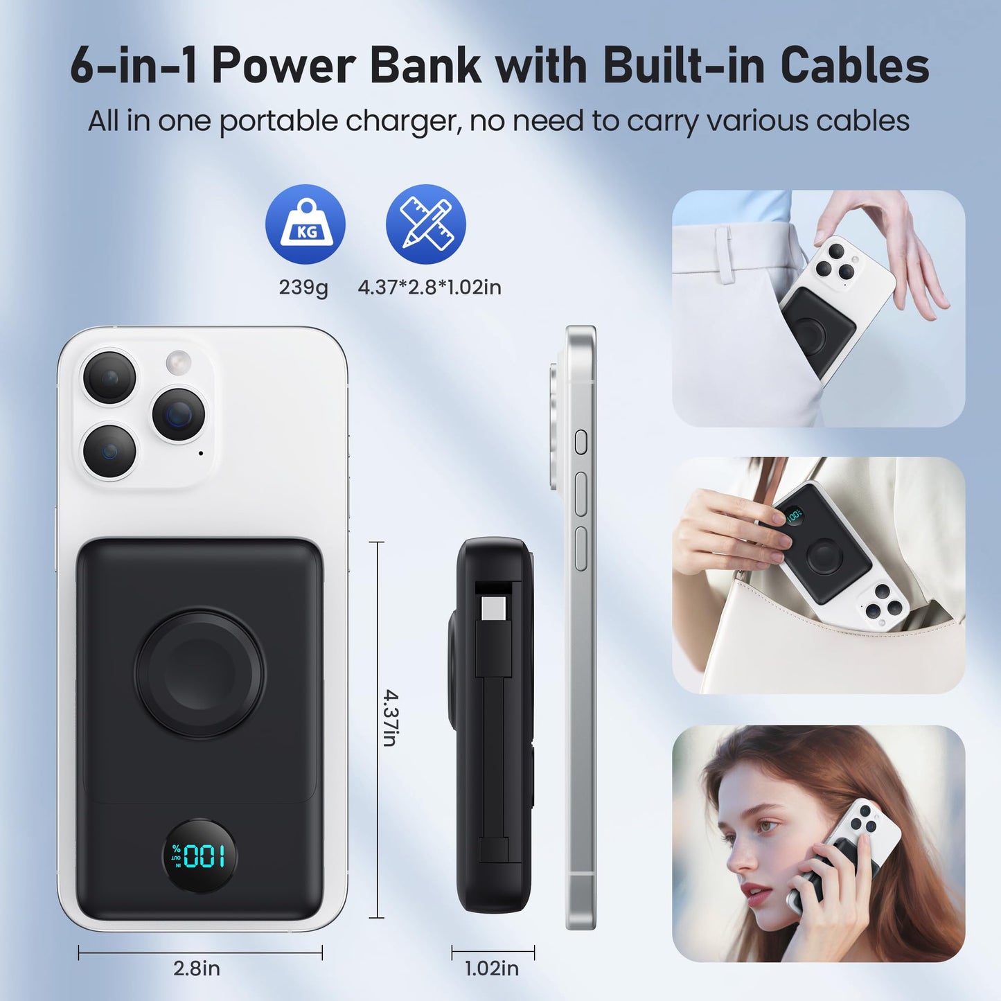 Magnetic Portable Charger for iPhone with Built-in Cables, 6-in-1 10800mAh Power Bank with iWatch Charger & LCD Display,25W PD Fast Charging Battery Pack for Magsafe,iPhone 16/15/14/13/12,Apple Watch