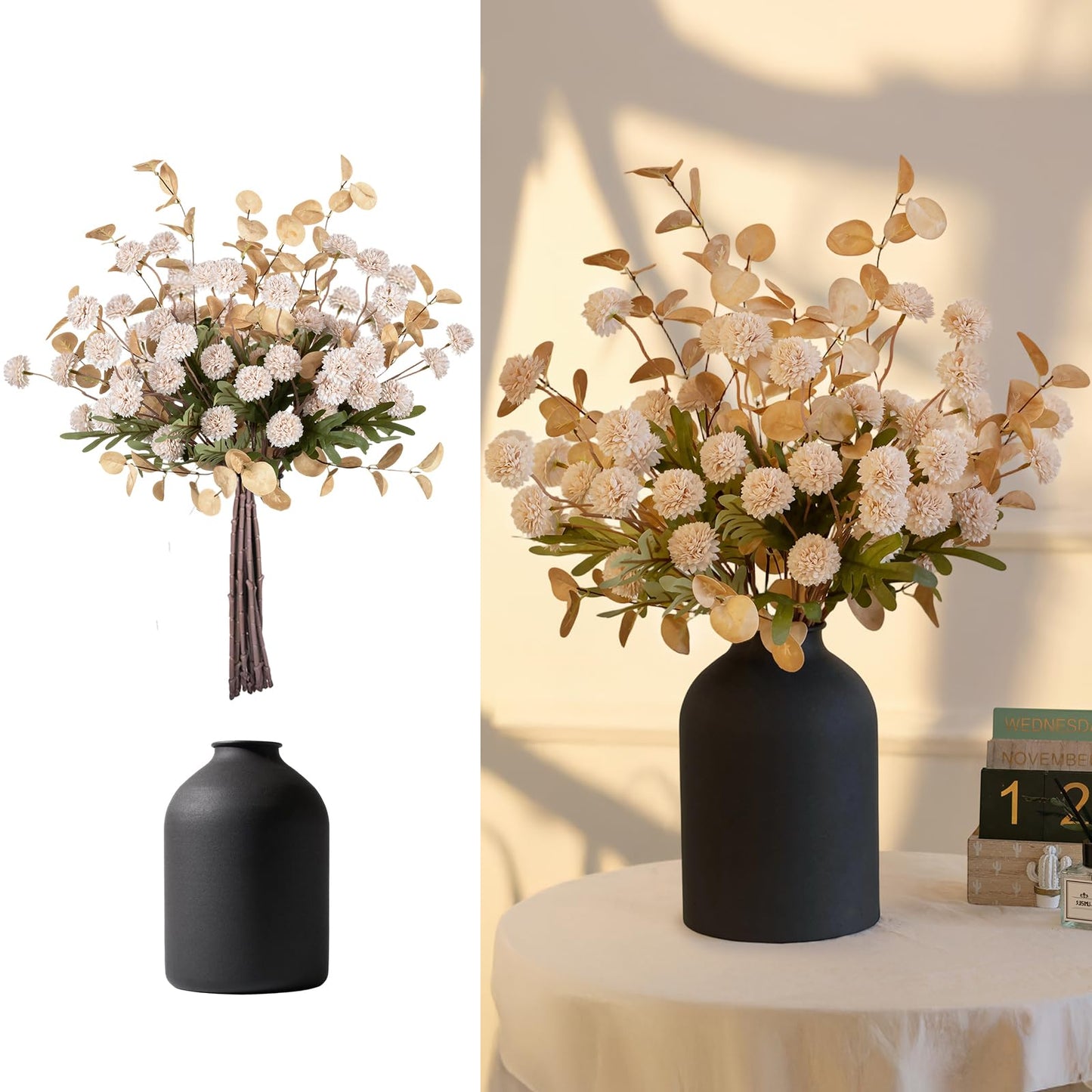 BLOSMON Fake Flowers Centerpieces for Tables: Gifts for Women Metal Vase with 12 Stems of Artificial Mums Kiku Eucalyptuses for Dining Room - Beige Faux Floral Arrangements in vase