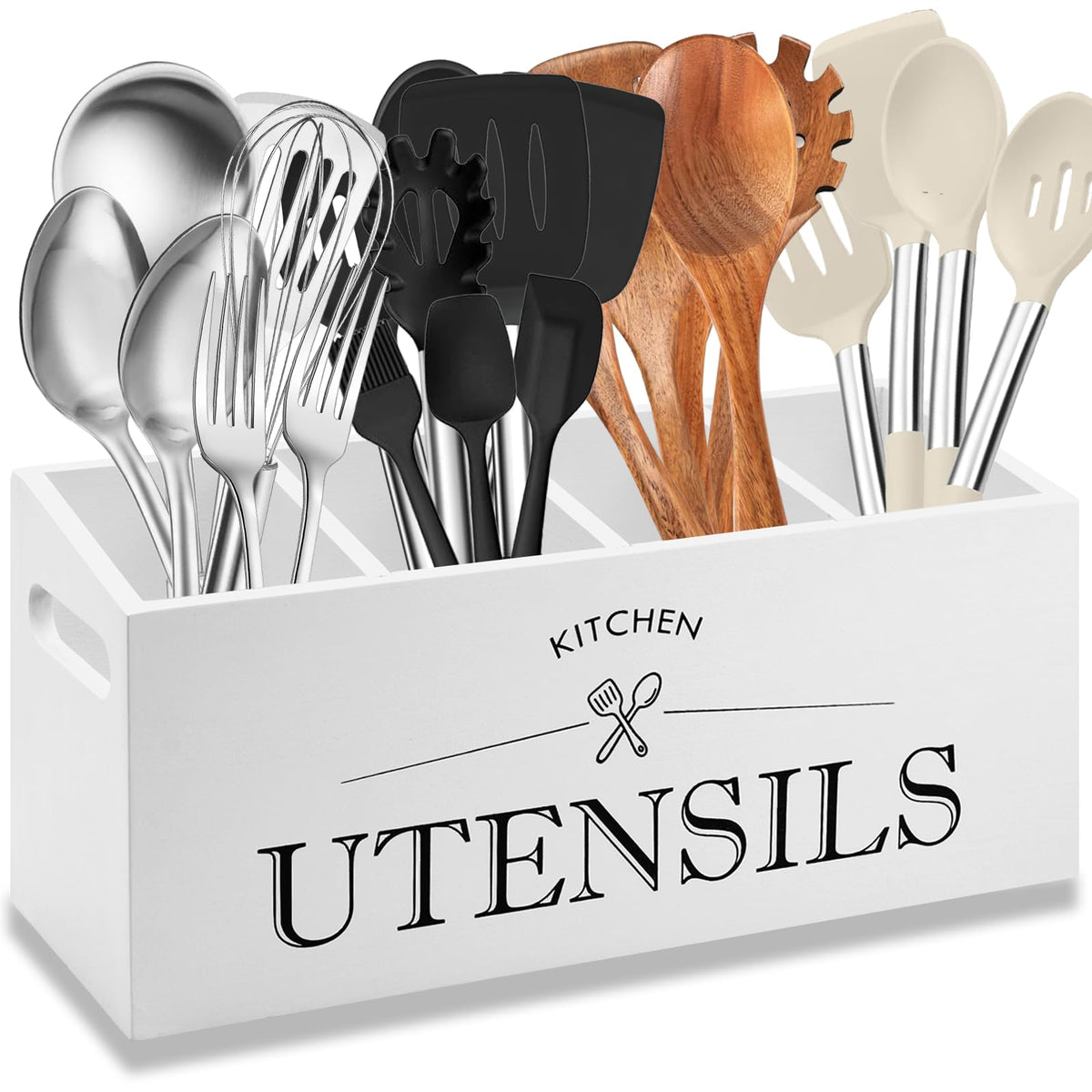 Kitchen Utensil Holder with 4 Compartments, Wooden Utensil Organizer for Countertop, Ideal for Storage and Organization, Rustic Cooking Utensil Kitchen Tool, White