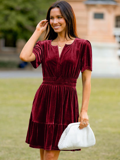 Simplee Cocktail Velvet Red Dress Women Christmas HOCO Flowy Short Sleeve Mini Dress V Neck A Line Ruffle Hem Tiered Bridesmaid Short Swing Dress with Pockets (Burgundy M)