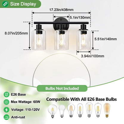 ZASTION 3-Light Bathroom Light Fixtures, Black Bathroom Wall Lights, Modern Bathroom Vanity Light with Clear Glass Shade, Bathroom Wall Lamp for Mirror Kitchen Bedroom Living Room