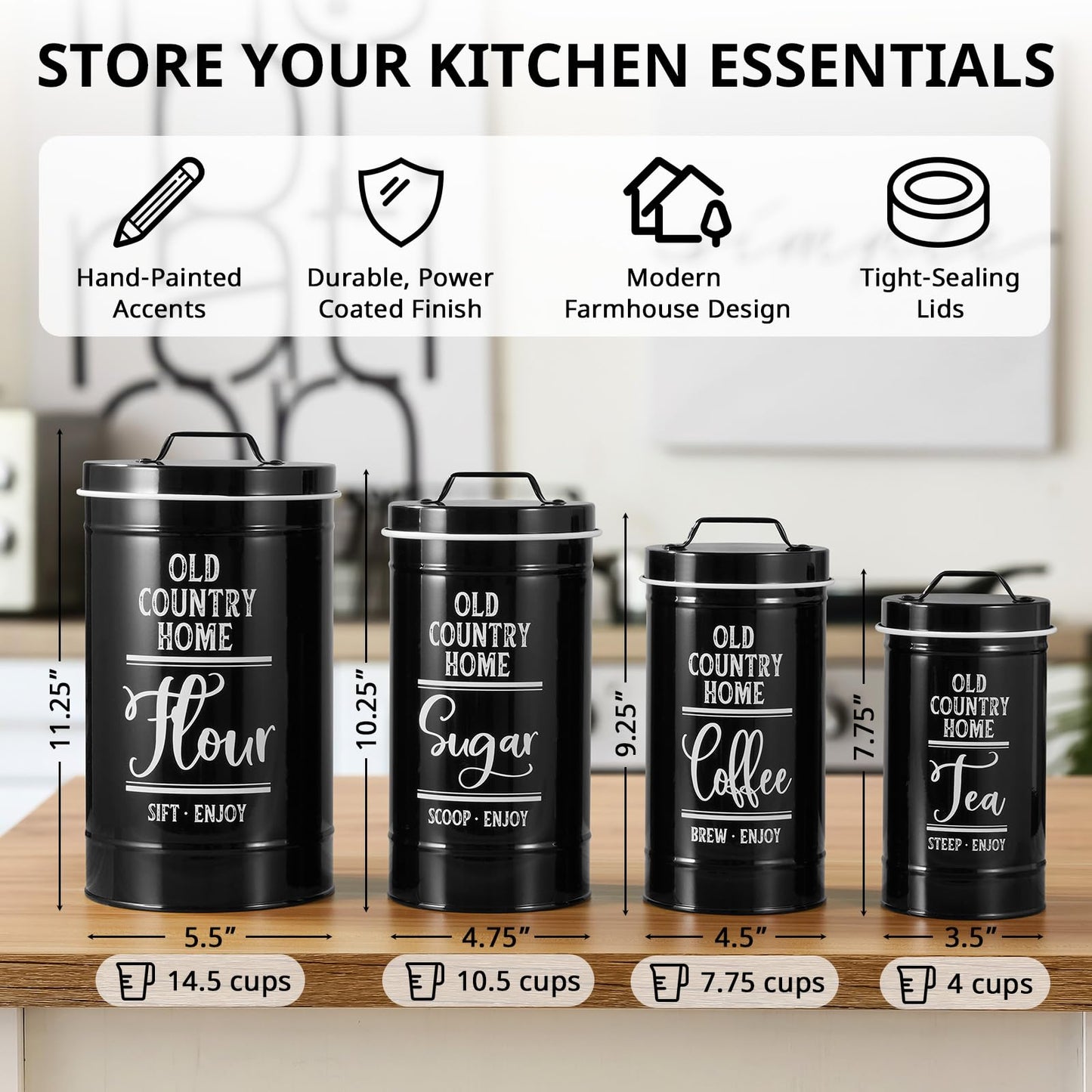 Bivvclaz Canisters Sets for the Kitchen, Airtight Kitchen Canisters for Countertop, Flour and Sugar Containers, Tea Coffee Sugar Canister Set, Coffee Bar Decor and Accessories, Set of 4, Black
