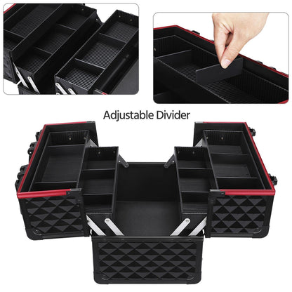Yaheetech Professional Makeup Box Extra Large Cosmetic Case with 4 Trays, Beauty Nail Polish Jewellery Case Train Case Lockable, Black/Red