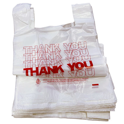 TashiBox Plastic bags with handles，thank you bags，Measures 11.5" X 6.25" X 21", 15mic, 0.6 Mil (400 Count),Reusable and Disposable Grocery Bags