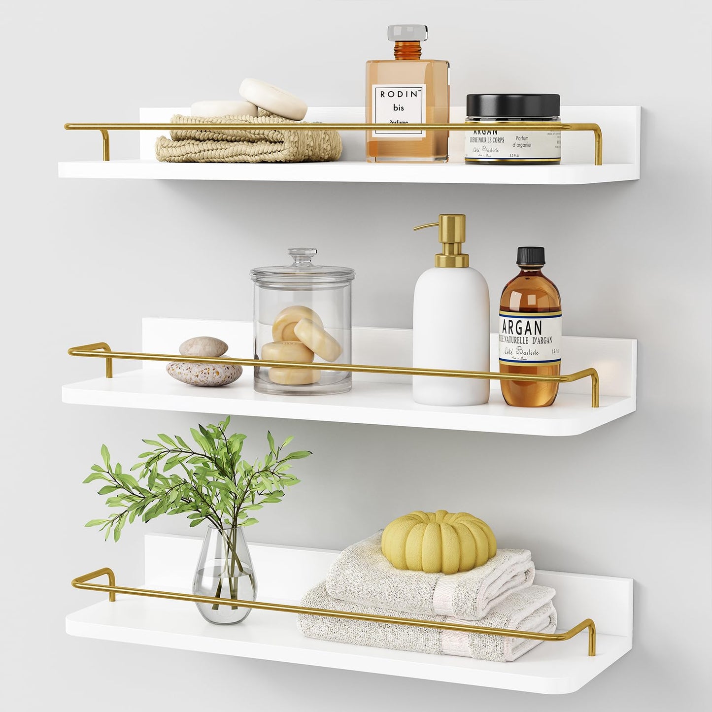 Forbena Gold Floating Shelves for Wall Decor Set of 3, Bathroom Shelves Over Toilet, Modern Display Wall Shelf with Guard Rail for Living Room Bedroom Organizers and Storage - White and Gold