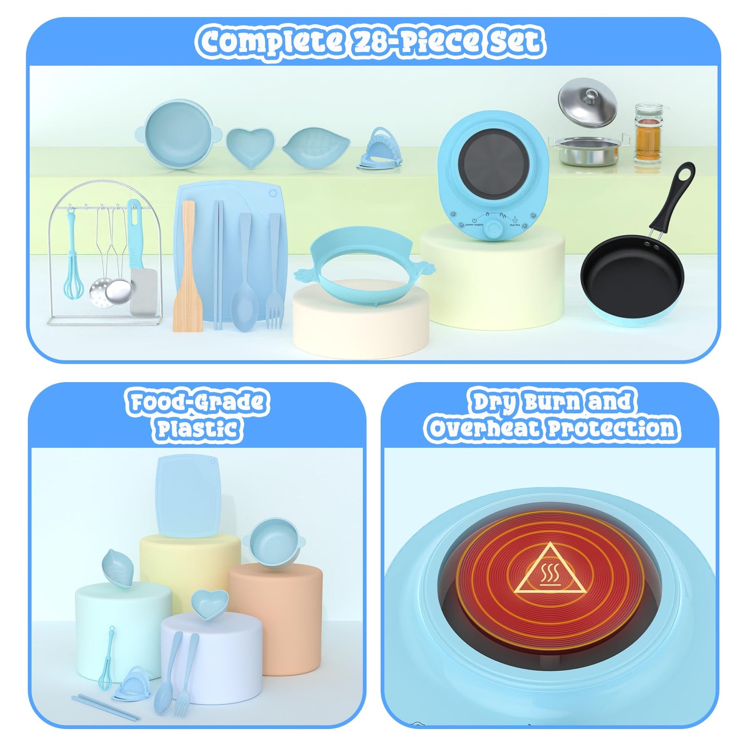 Gotoofun Kids Cooking Set Real for Beginners, 28PCS Mini Kitchen Starter Set with Anti-Slip Safety Guard, Easy Cooking Toys for Boys Girls Ages 8-12, Blue