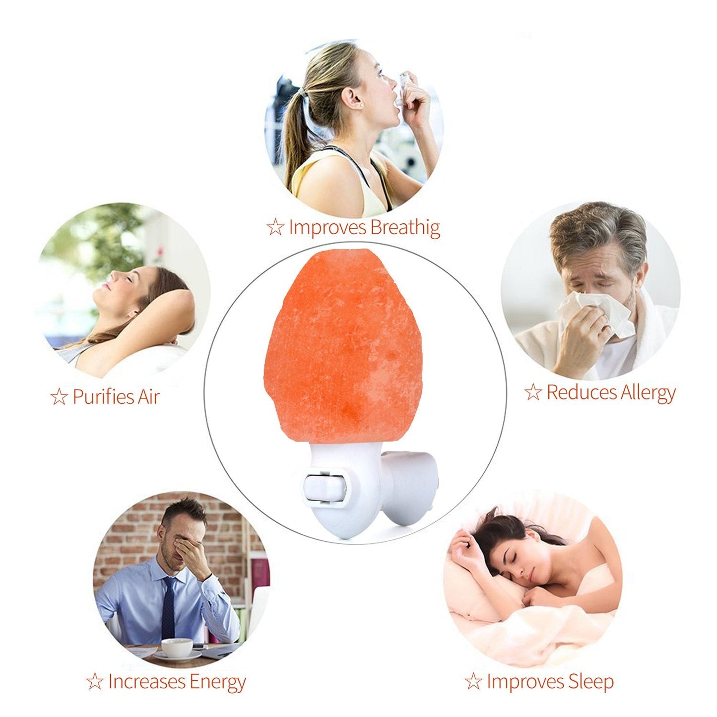 Betus Natural Crystal Himalayan Salt Wall Lamp - Air Purifying Night Light - 360° Rotatable Plug 7W Bulb - Natural