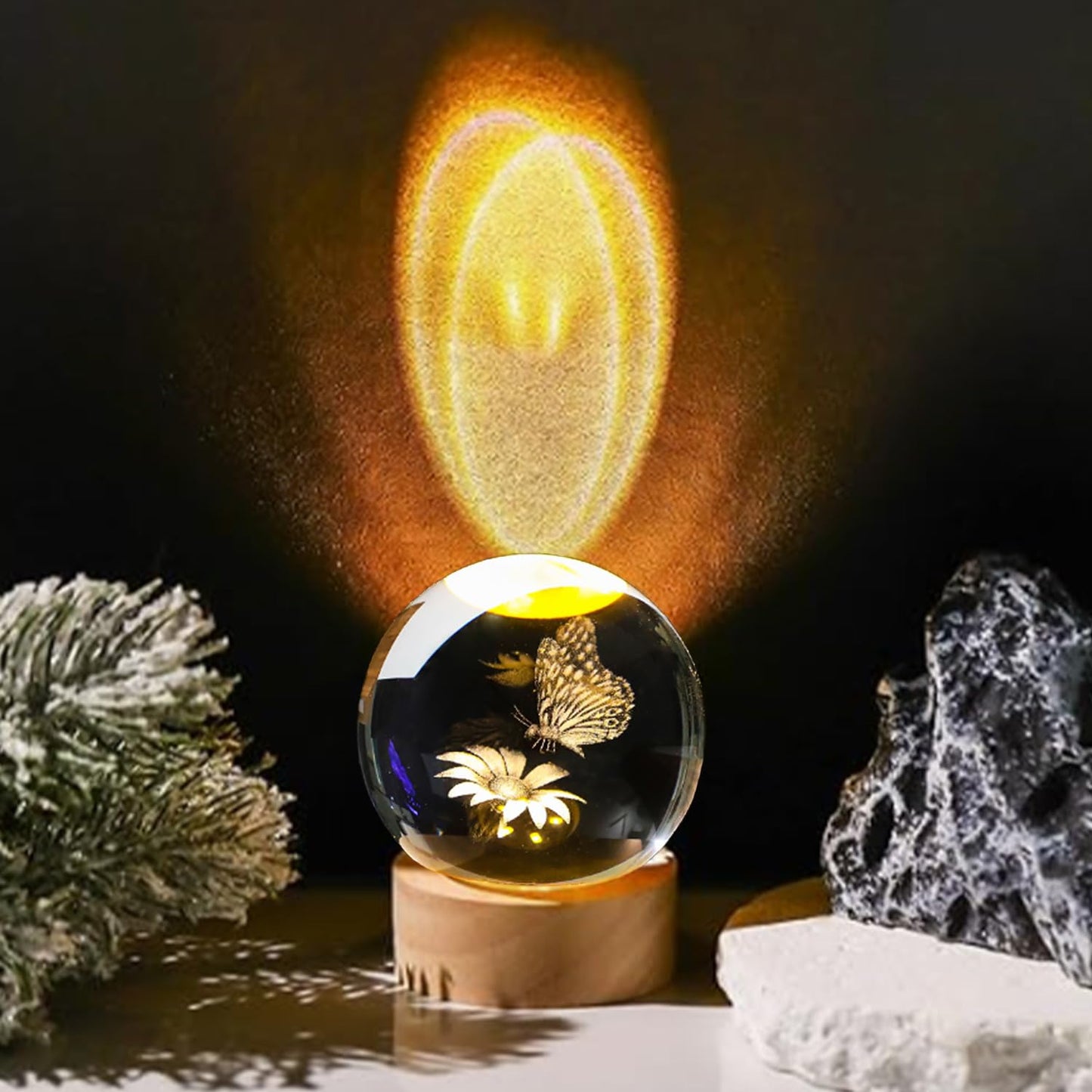 AOFEGRLT 3D Laser Etched Butterfly Crystal Ball with Stand, 60mm Glass Sphere Decorative Balls, Crystal Butterfly Figurine Lamp Night Light Gifts for Women Girls Mom Kids