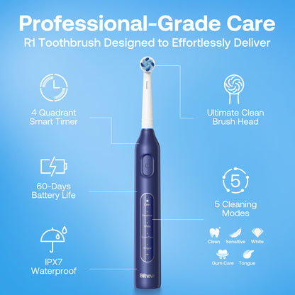 Bitvae Rotating Electric Toothbrush with 8 Brush Heads for Adults and Kids, Travel Case, 5 Modes Rechargeable Power Toothbrush with 2-Minute Smart Timer, 60-Day Battery Life, Dark Blue