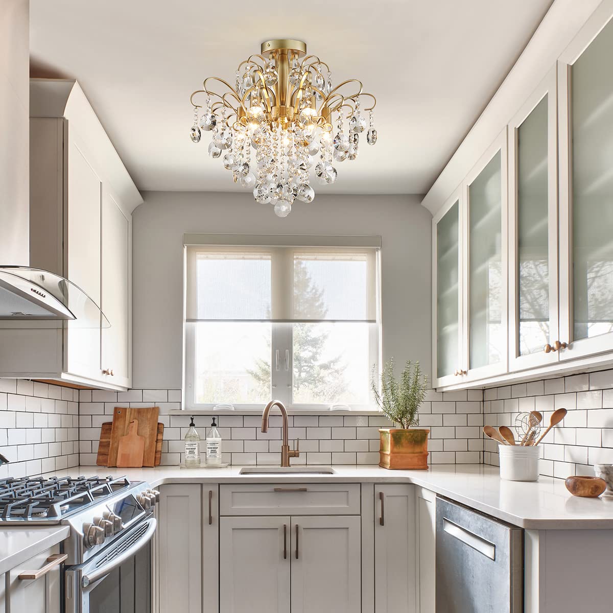 WUZUPS Crystal Chandelier Flushmount Ceiling Light Modern Lighting Fixture for Bedroom Hallway Bar Kitchen Bathroom, H 17.5'' x W 19.3'', E12 Base, Gold