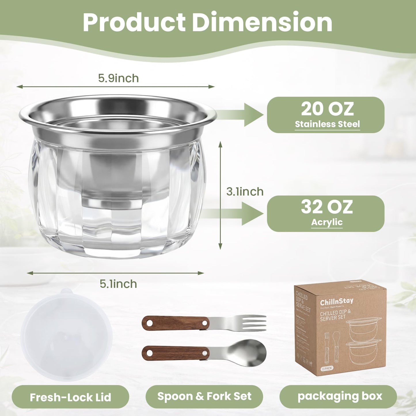 Chillnstay 2-Pack Stainless Steel Chilled Dip Bowls with Lids, Dip Bowls on Ice with Ice Bases, Stainless Steel Spoon and Fork for Salsa, Guacamole, Hummus, Caviar and Appetizers