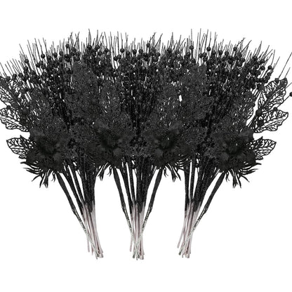 ROSELEAF 28 Pack Black Christmas Tree Ornaments, Artificial Glitter Berry and Flowers Stem Branches Picks for Halloween Xmas Tree Decoration Gift Small Vase Home Holiday Wedding Party Decor
