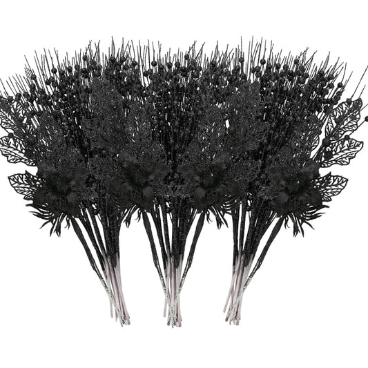 ROSELEAF 28 Pack Black Christmas Tree Ornaments, Artificial Glitter Berry and Flowers Stem Branches Picks for Halloween Xmas Tree Decoration Gift Small Vase Home Holiday Wedding Party Decor