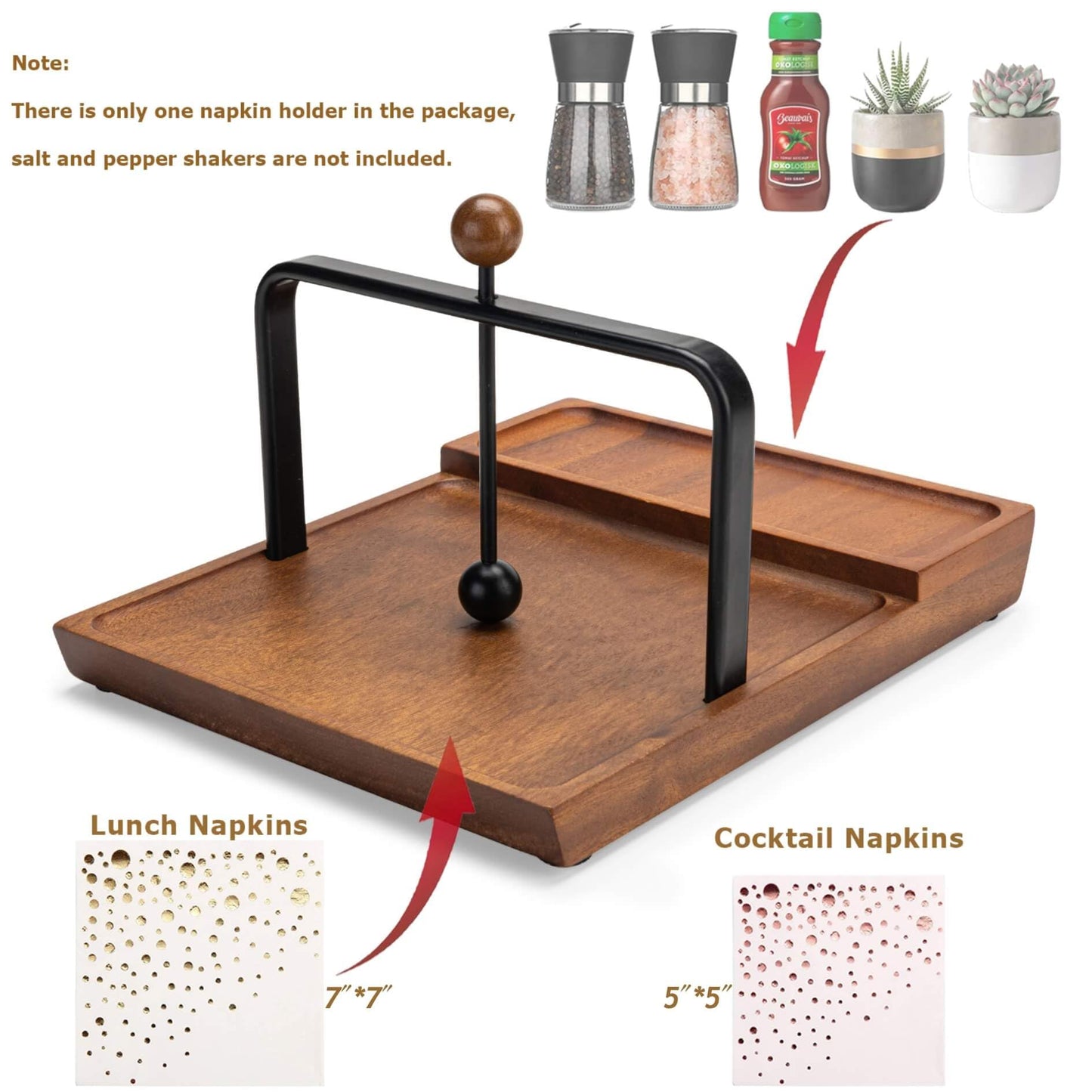 Black Wooden Napkin Holder, Multifunctional Farmhouse Napkin Holder for Table, Kitchen, Outdoor Use, Includes Space for Salt and Pepper Shakers (Seasoning Jar Not Included)