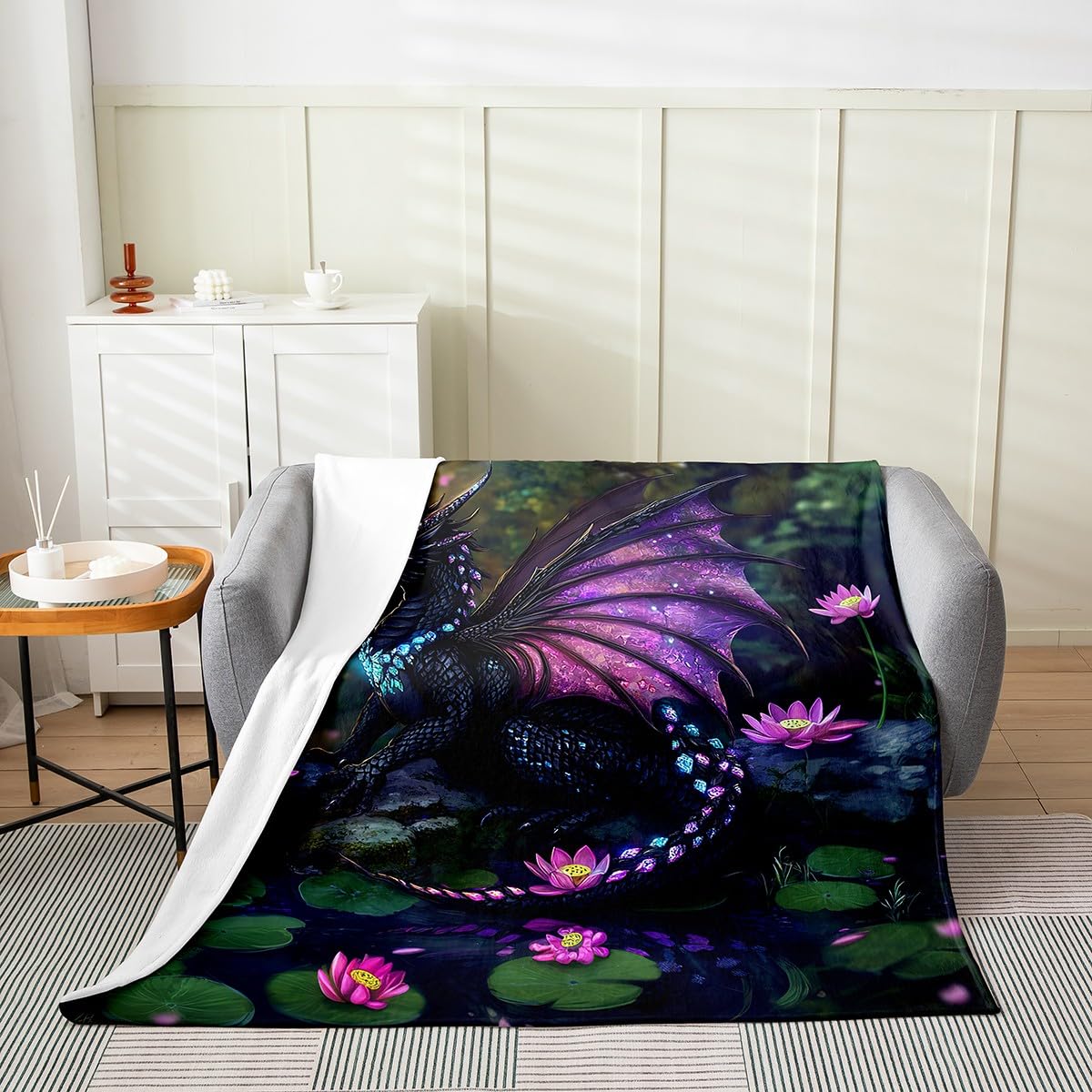 Feelyou Dragon Plush Throw Blanket Queen 90"x90" Dragon Stuff Flannel Fleece Blanket for Boys Girls Teens Wild Life All Season Bed Blanket Lotus Flower Blanket Room Decor Green Purple