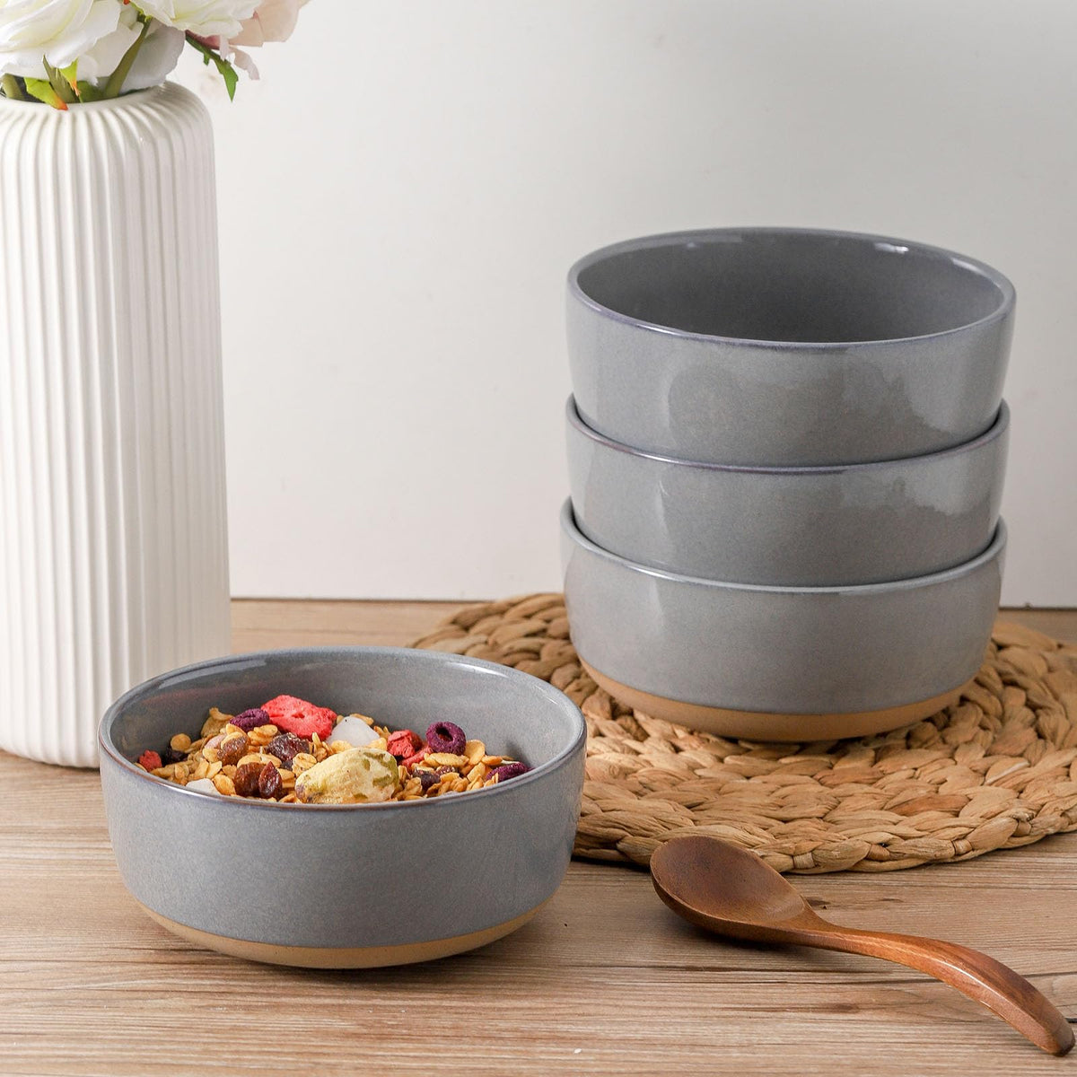 Tikooere Ceramic Soup Bowls Set of 6,30 Ounce Stoneware Cereal Bowl,Porcelain Nesting Bowls for Oatmeal,Popcorn,Soup,Pasta,Fruit,Housewarming Gift,Microwave & Dishwasher Safe,Gray