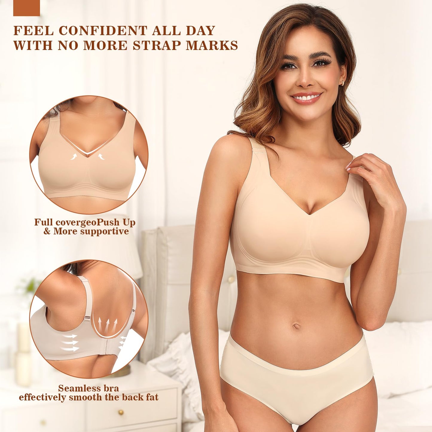 PoseFree Womens Bras No Underwire Full Support Back Fat Smoothing Bralette Wireless Push Up Plus Size Sports Bra (Nude,L)
