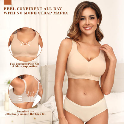 PoseFree Womens Bras No Underwire Full Support Back Fat Smoothing Bralette Wireless Push Up Plus Size Sports Bra (Nude,L)
