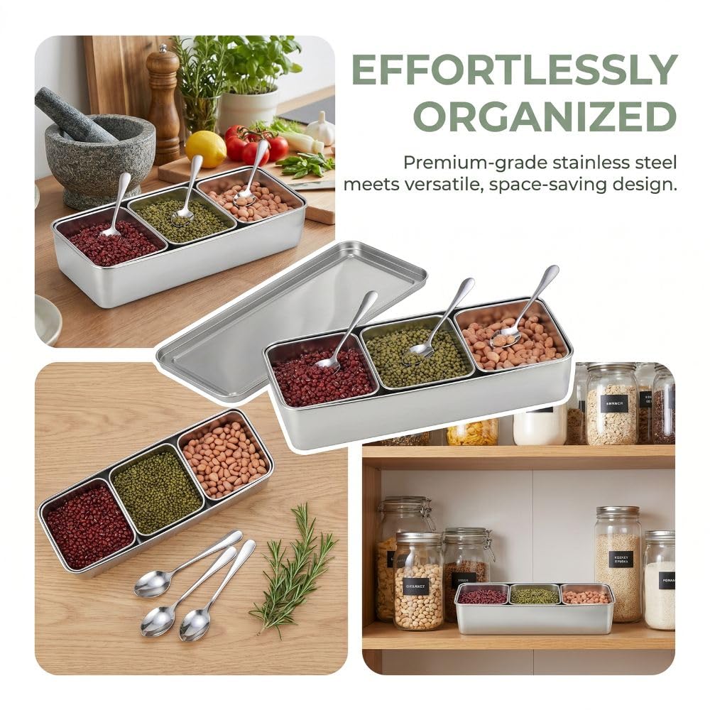 Anu Limen Stainless Steel Condiment Pots 3 Compartment – Spice Storage Box with Lid and 3Pcs Spoons for Salt, Sugar, Peppers 12.99x5.91x2.56 In
