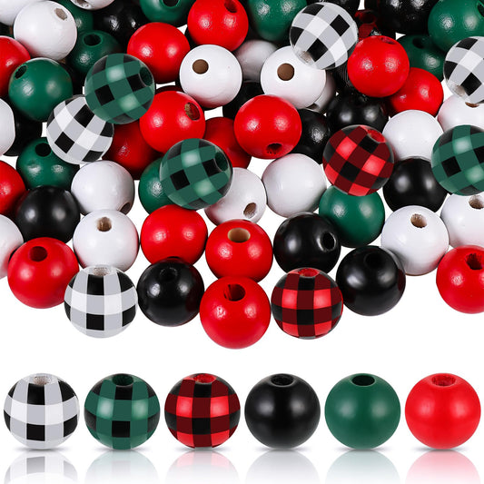 200 Pieces Christmas Wooden Beads for Crafts Xmas Red Buffalo Plaid Colorful Wood Spacer Beads Rustic Farmhouse for DIY Crafts Garland Home Decor