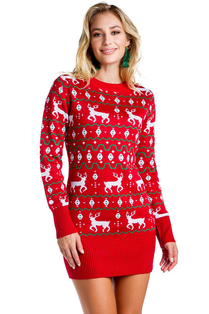 Tipsy Elves Christmas Sweater Dresses for Women - Cute Winter Themed Dresses - Instant Holiday Outfits - Women's Easy Red Reindeer Fair Isle Christmas Sweater Dress Size Small