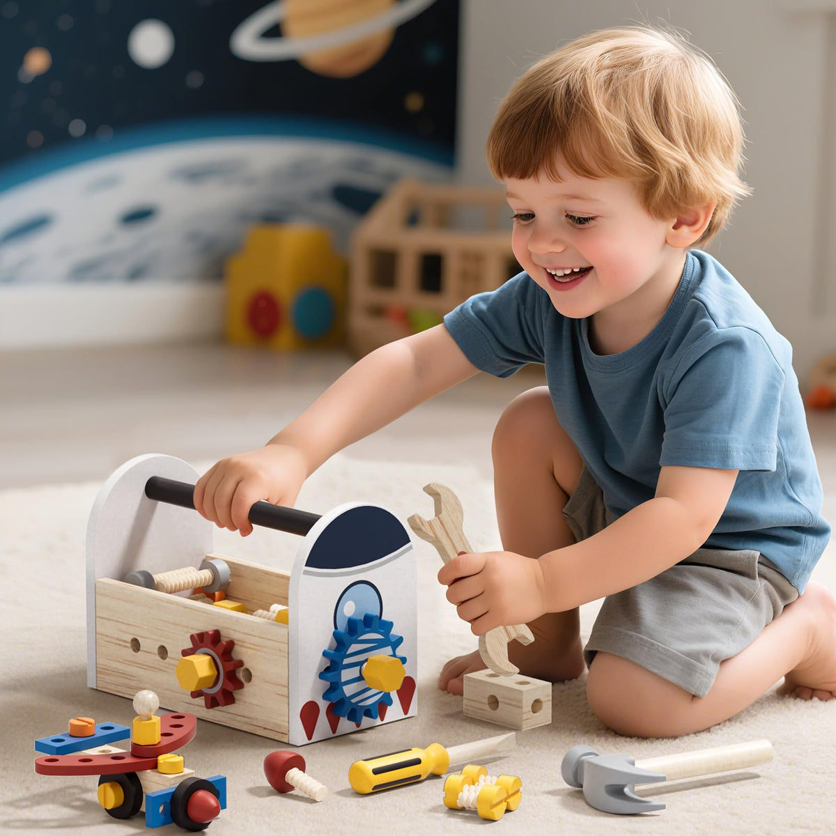 Wooden Kids Tool Set, Space Themed Montessori Toy, 47Pcs Construction Toolbox for Toddlers 3-5 Years Old