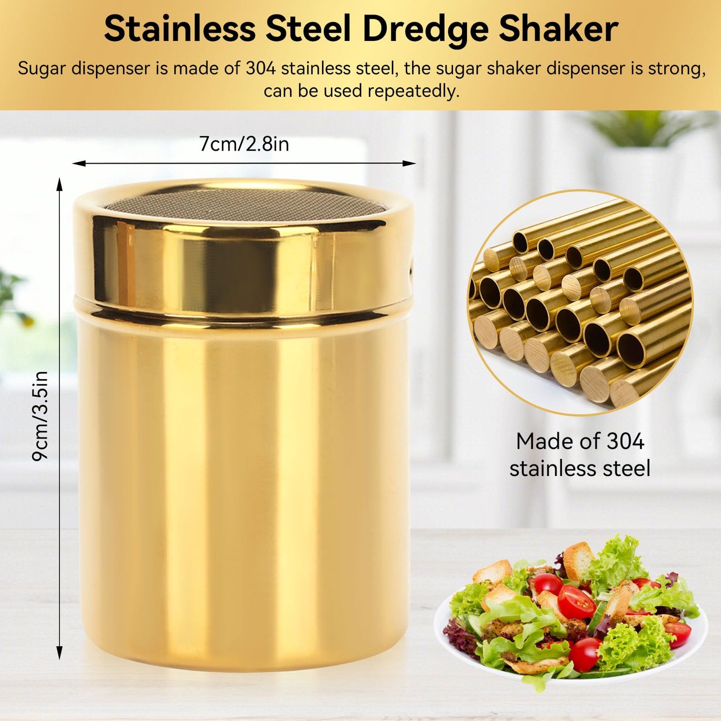 Stainless Steel Dredge Shaker, Powder Sugar Dispenser Fine Mesh Powder Sugar Shaker with Lid Gold Salt and Pepper Shakers for Kitchen Powdered Sugar Shaker