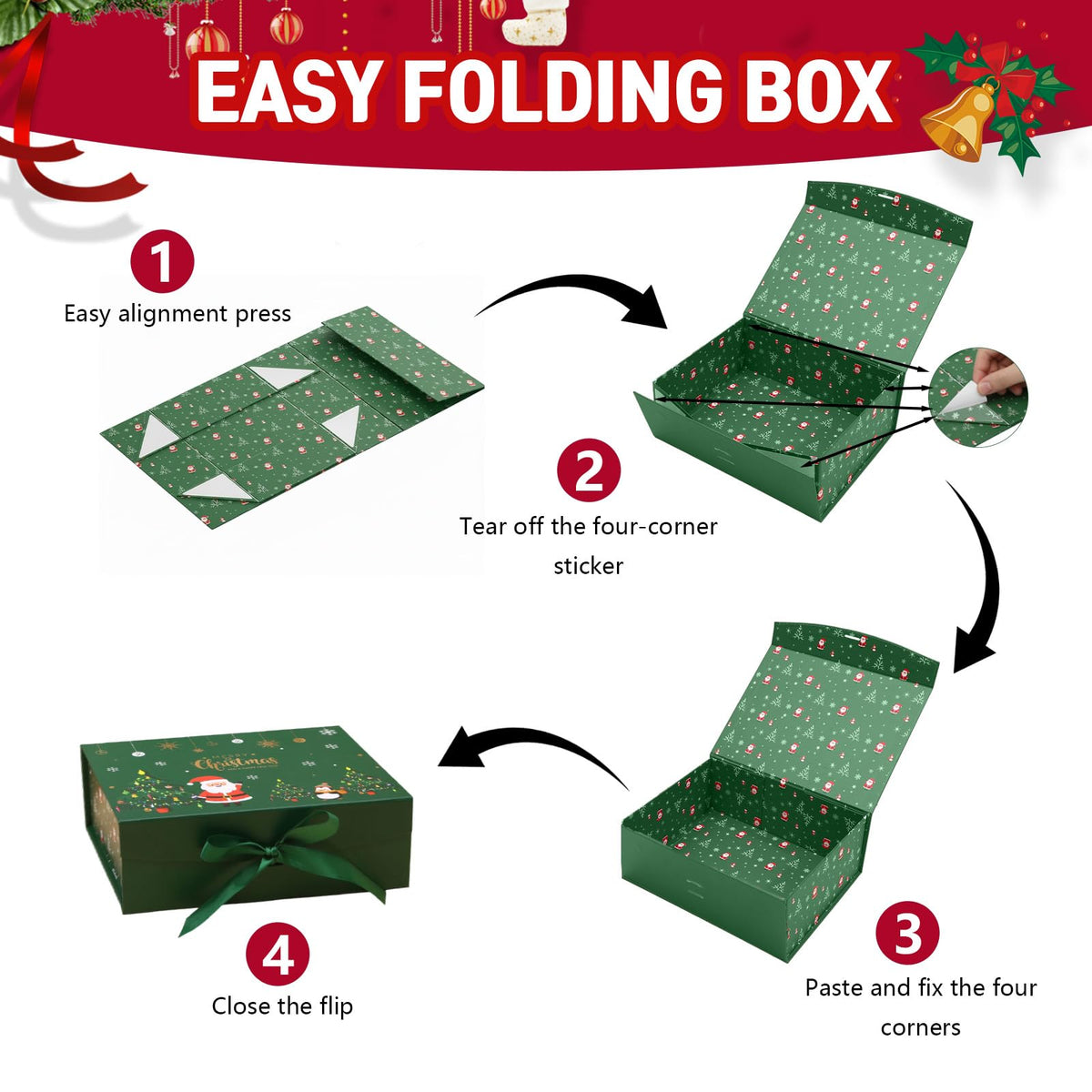 Dimore Christmas Magnetic Gift Boxes with Lids, Collapsible Hardboard Gift Packaging, Red & Green Holiday Boxes for Presents, 4 Pack (Multiple Sizes) (4Pack Christmas 9.5"*6.9"*4.2")