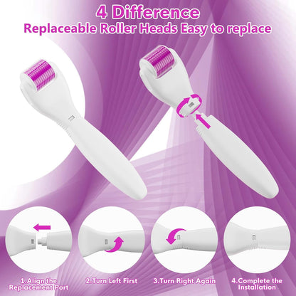 Derma Roller for Hair and Beard, 6 in 1 Microneedle Rollers Kit with 5 Replaceable Heads, Microneedling Roller for Scalp and Body, 300 Needle and 720 Micro Needle roller, 1200 Needle