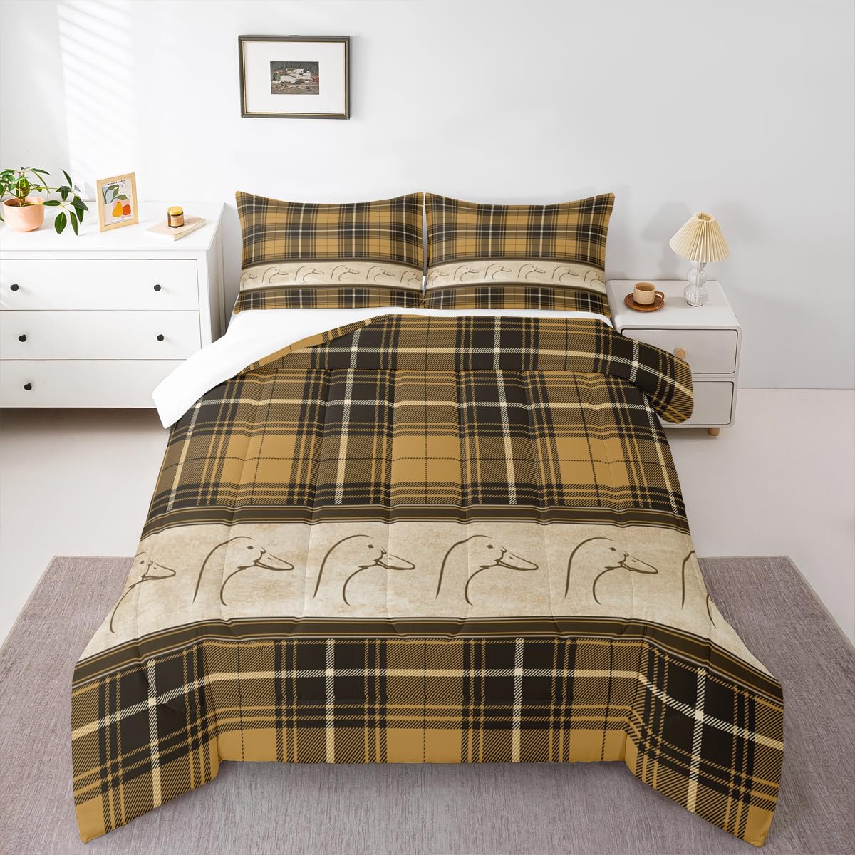 Ducks Silhouettes Kids Comforter Set Queen Size,Cartoon Animals Cute Bedding Set,Girls Boys Adults Bedroom Decor,Geometric Plaids Splicing Down Comforter,Brown Rustic Duvet Insert,2 Pillowcases