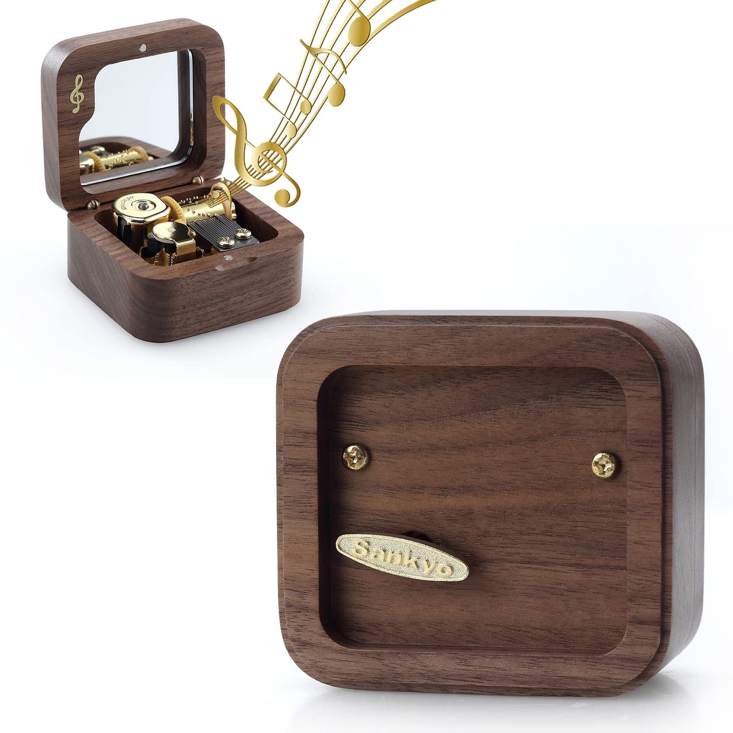 JYmusic Wooden Wind-up Music Box Natural Walnut Square Note Music Box, Birthday Mother's Day Children's Day Christmas Gift ( Tune: You Are My Sunshine )