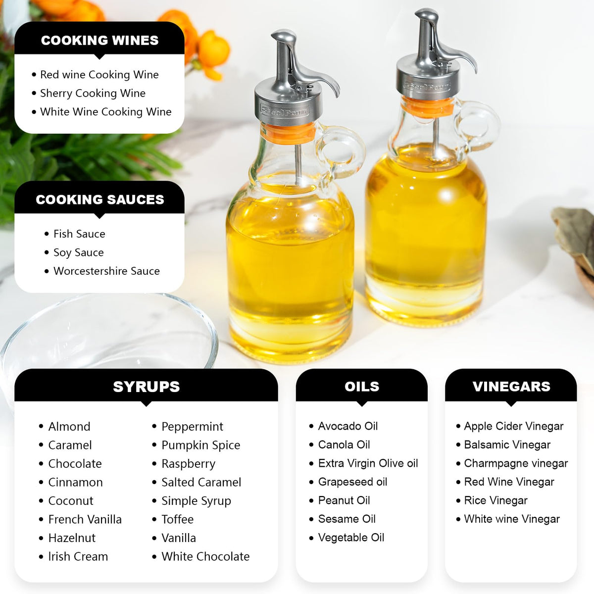 Olive Oil Dispenser Bottle,Glass Oil Dispenser with Stainless Steel Spouts,Oil Bottles for Kitchen, Oil Dispenser Bottle with Drip Free Spouts (2pcs) 12 oz