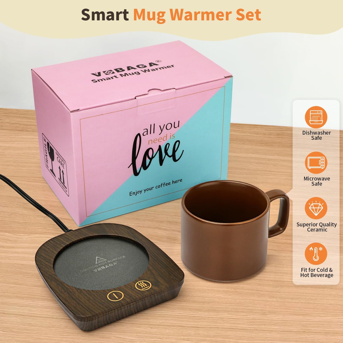 VOBAGA Coffee Mug Warmer & Mug Set, Coffee Cup Warmer with Auto Shut Off & 3 Temperature Settings for Desk Home Office, Coffee Warmer for Cocoa Milk Candles, Christmas Birthday Gifts for Women and Men