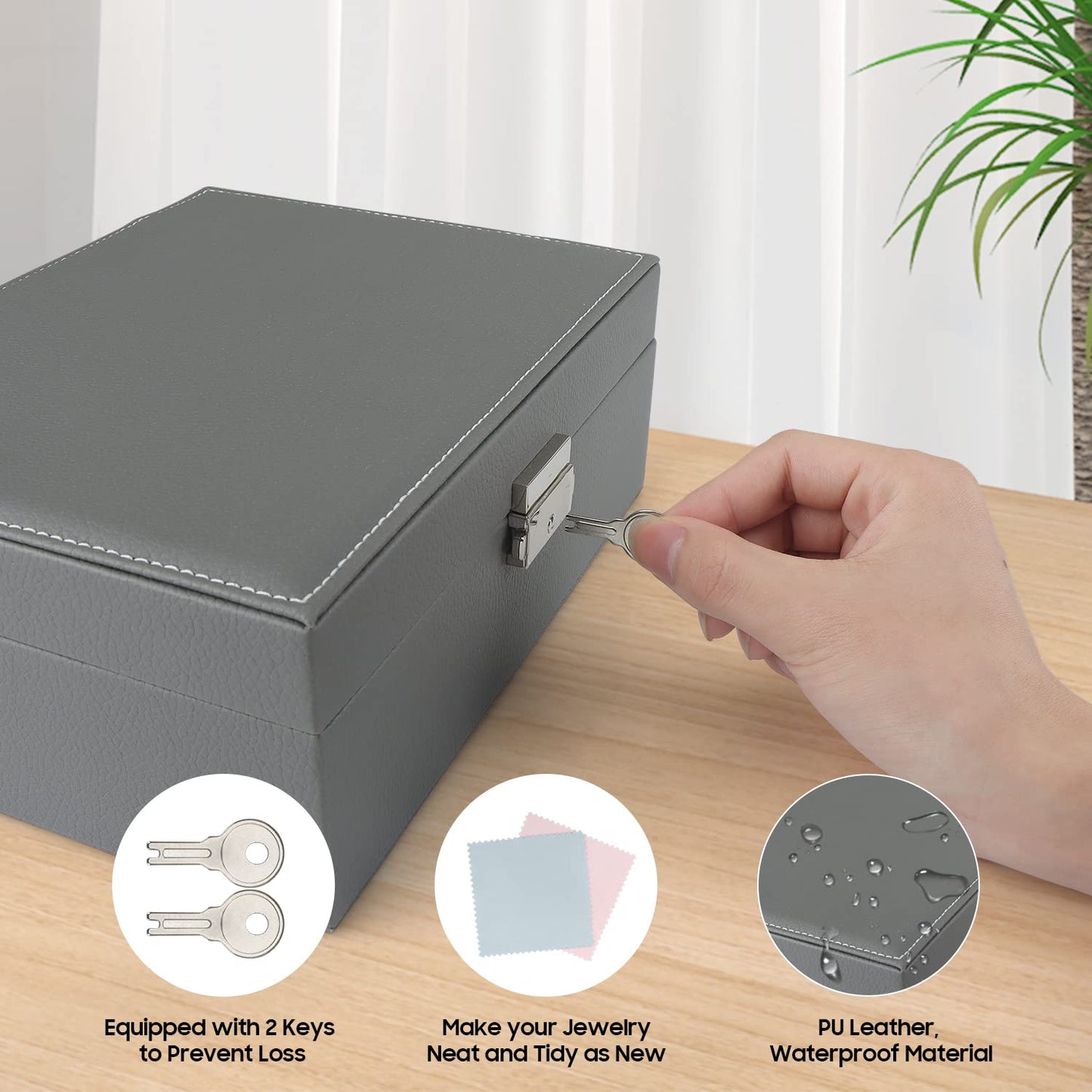 TEIVUL Jewellery Box,2 Layer Jewelry Organizer with 2 Keys and Cleaning Cloth PU Leather Jewellery Box Organizer,for Necklace Earrings Bracelet Ring Accessories,Jewellery Boxes for Women Girls