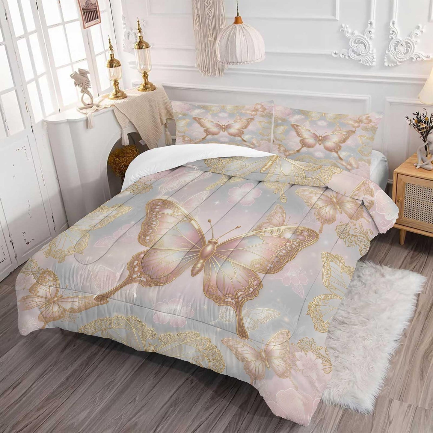 DJNEAR Pink Gold Butterfly Comforter Set, Elegant Shimmer Butterfly Bedding Set for Girls Teens Women, Soft Microfiber All Season with 1 Comforter 1 Pillowcase, Twin Size