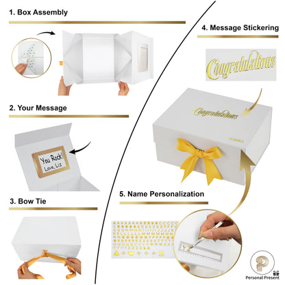 Medium Pack Of 3 Luxury White Gift Box 10x8x5 Inches – Personalized Mother's Name DIY Kit, Magnetic Lid & Bow – 3D “Congratulations” Text, Card & Bag – Mother's day, Birthdays, Weddings, Bridesmaid Proposals & More