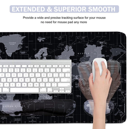 Large Mouse Pad Set, Cute Extended Mouse Pad+Keyboard Wrist Rest Support Desk Pad Memory Foam Ergonomic Easy Typing, 35.4×15.7 in Desk Mat Set for Home Office Study Game - World Map