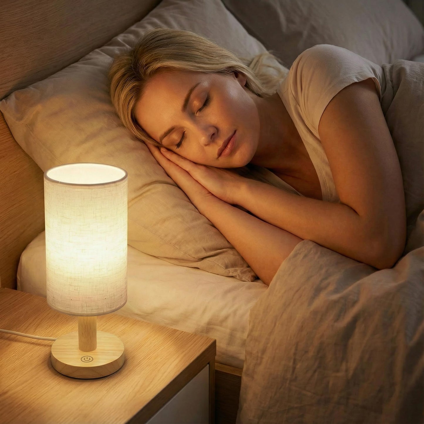 Touch Bedside Table Lamp - Stepless Dimming USB Powered, Minimalist Wood Base Linen Shade, 2700K Warm Light for Bedroom Nightstand Nursery Dorm Small Spaces, 5W LED 50K Hrs (No Bulb Replacement)