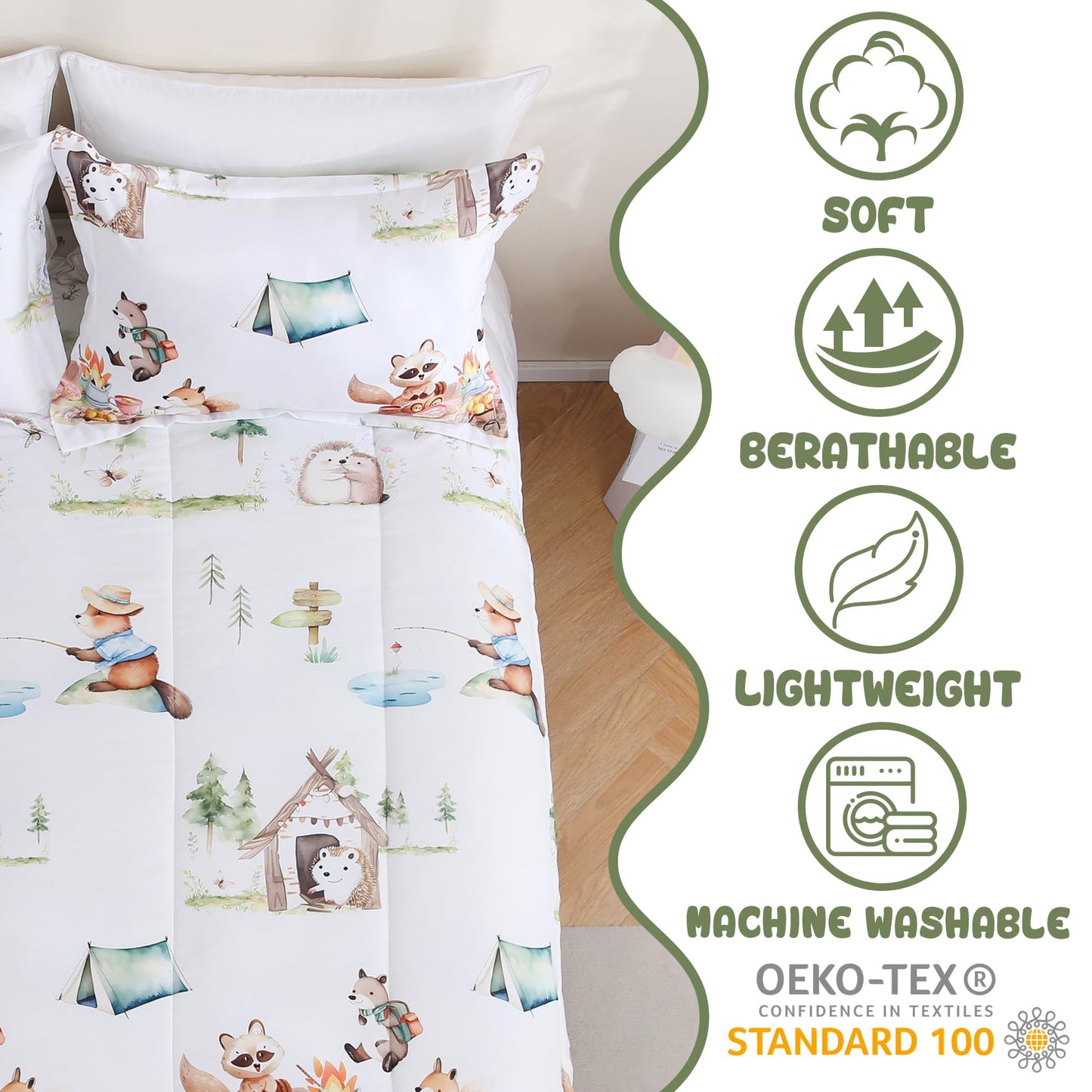 Yibeizi Camper Themed Comforter Set Twin, Kids Woodland Animals Printed Bedding Set with Pillow Sham, Cute Lightweight Soft Breathable Machine Washable Quilted Bed Comforter Set 2 Piece